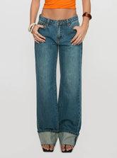 Toros Mid Rise Wide Leg Foldover Denim Jeans Mid Blue